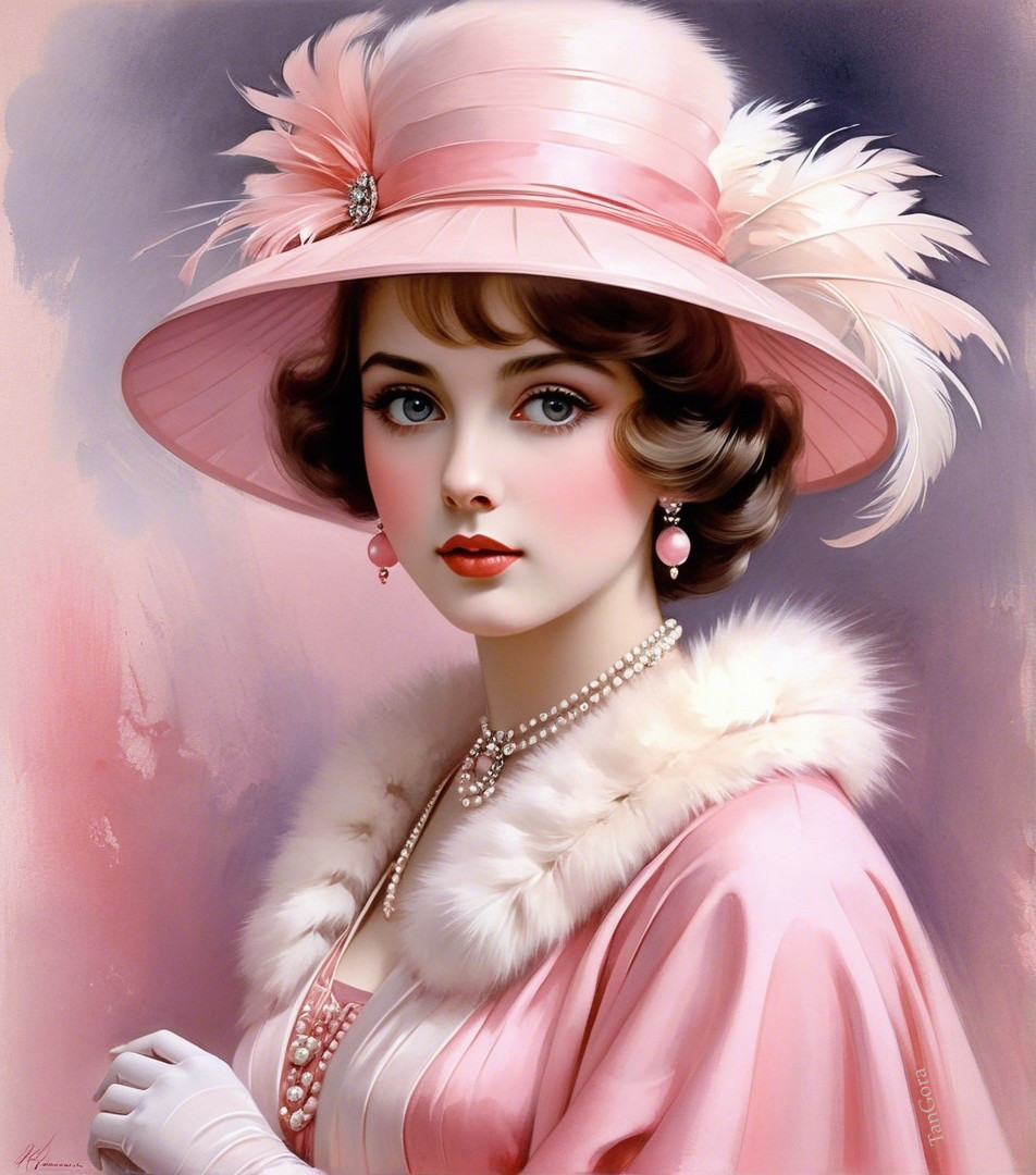 1920s Glamorous Woman in Soft Pink Ensemble