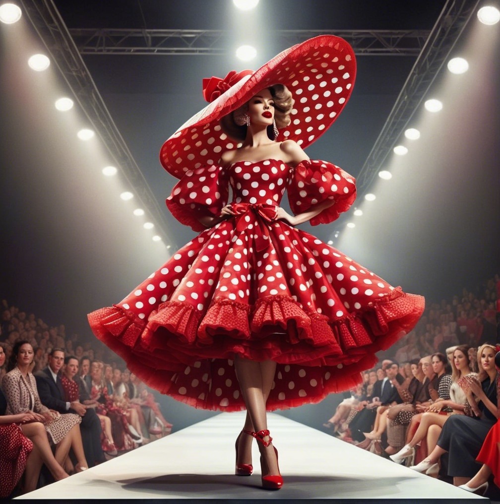Glamorous Model in Vintage Polka-Dot Dress on Runway