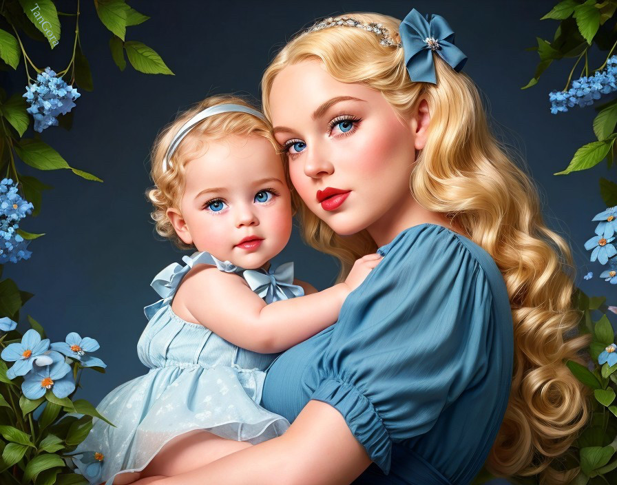 Mother and Daughter with Blue Eyes in Floral Setting