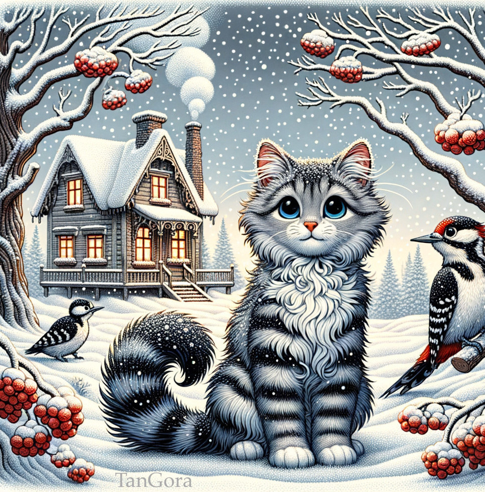 Fluffy Cat in Snowy Landscape with Cottage and Woodpecker