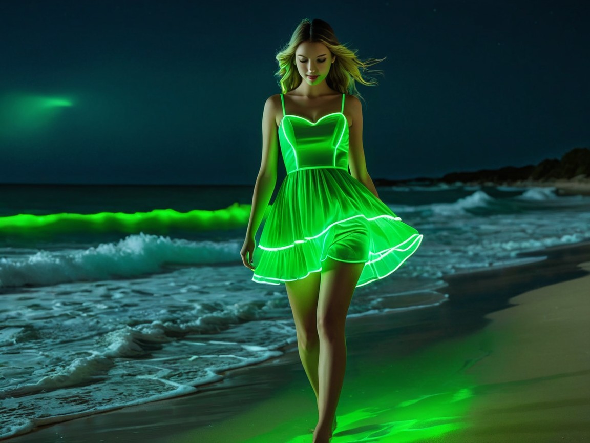 Young Woman in Green Dress on Bioluminescent Beach