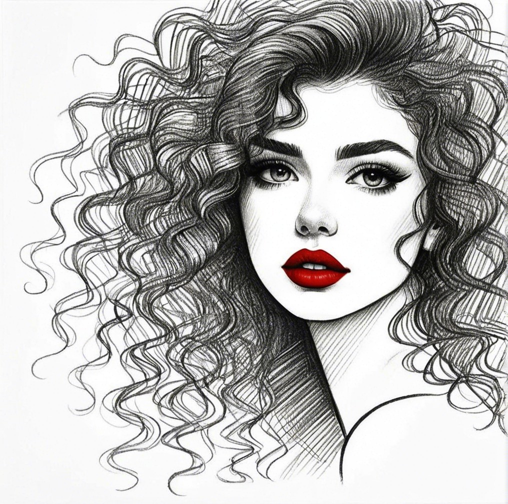 Line Drawing of Woman with Curly Hair and Bold Features