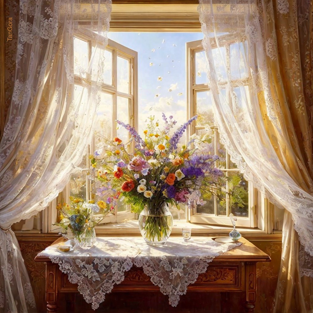 Sunlit Room with Lace Curtains and Floral Arrangements