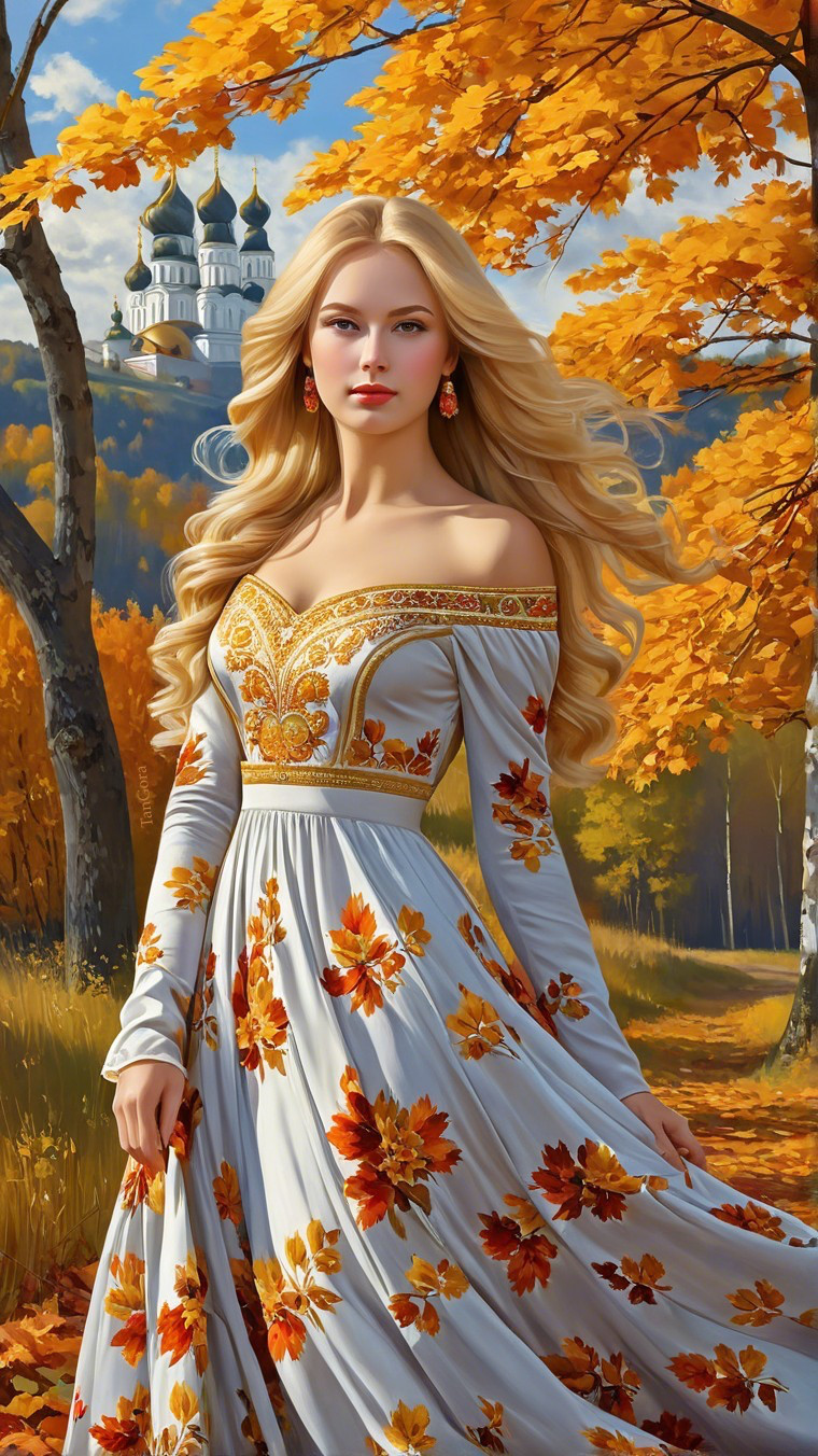 Young Woman in White Gown Amid Autumn Landscape