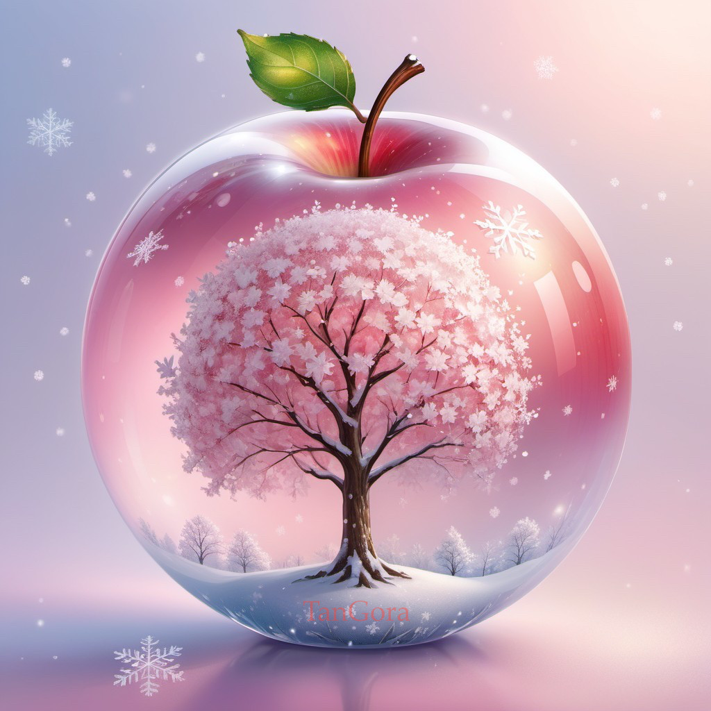 Cherry blossom tree in transparent apple with wintry background