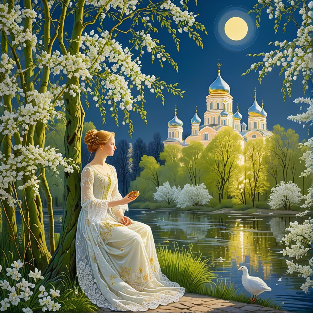 Serene Night Scene with Woman by Tranquil River