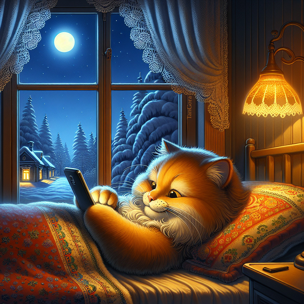 Cozy Room with Cat, Smartphone, and Winter Landscape