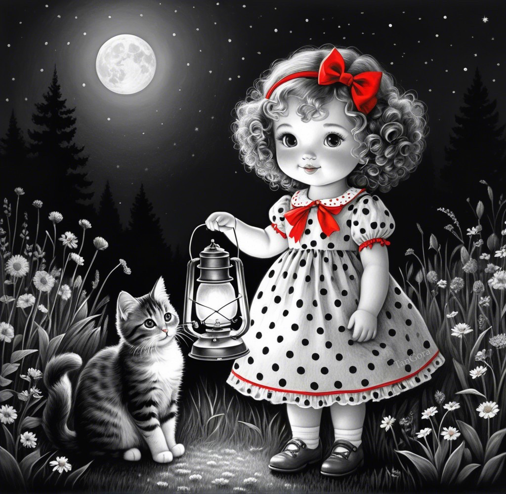 Whimsical Scene of Girl with Lantern in Moonlit Forest