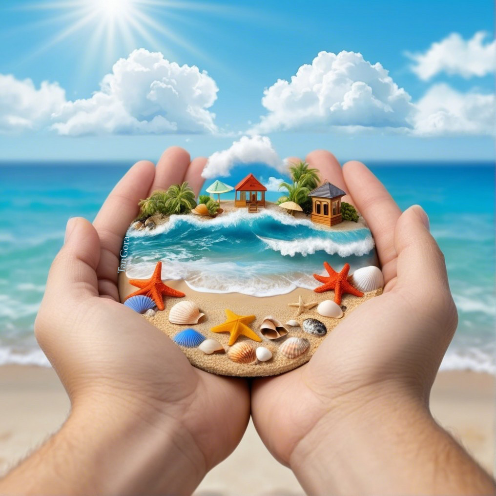 Miniature Beach Scene with Houses and Ocean Elements