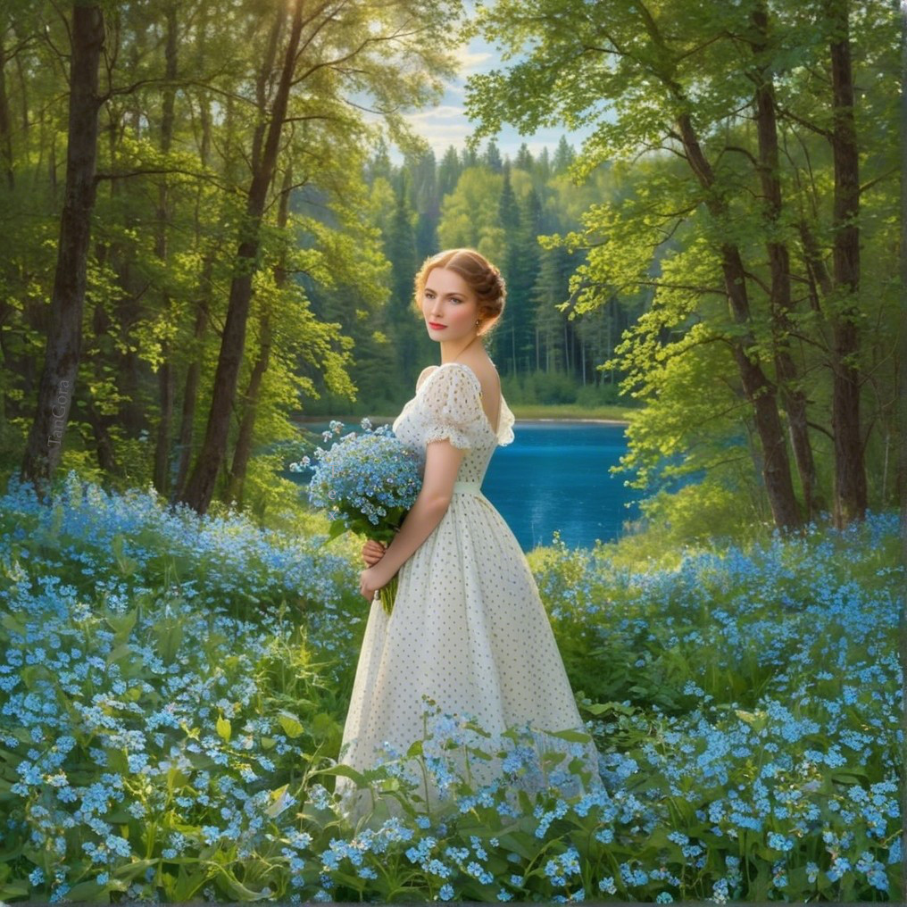 Young woman in white dress amid vibrant forest scene