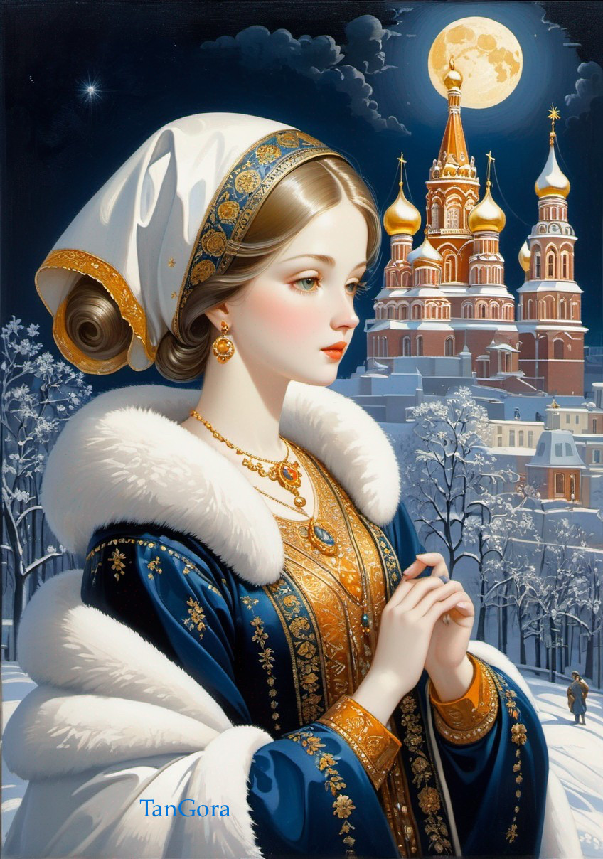 Traditional Russian woman painting with St. Basil's Cathedral in moonlit winter scene