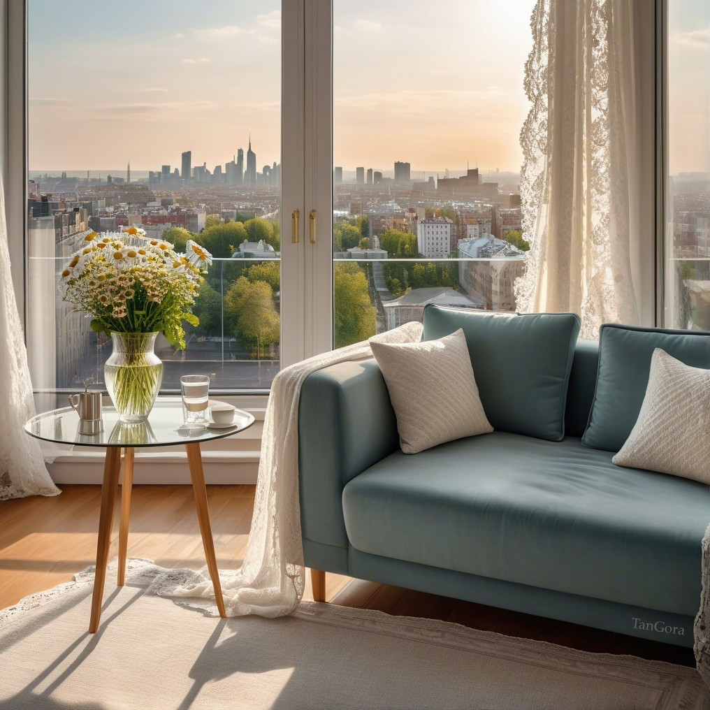 Living room with a view of the city landscape