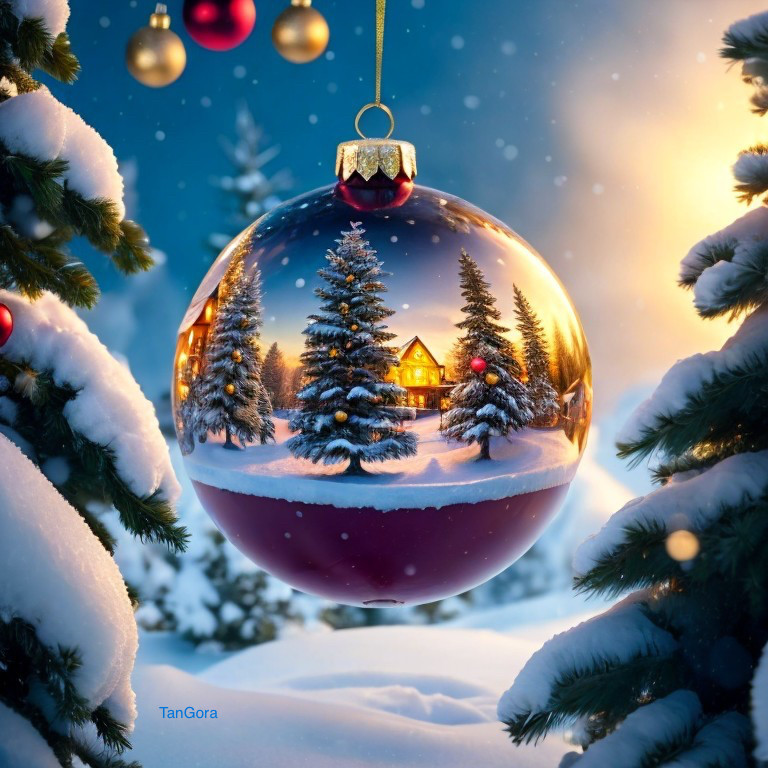 Winter Scene Christmas Bauble Hanging from Tree