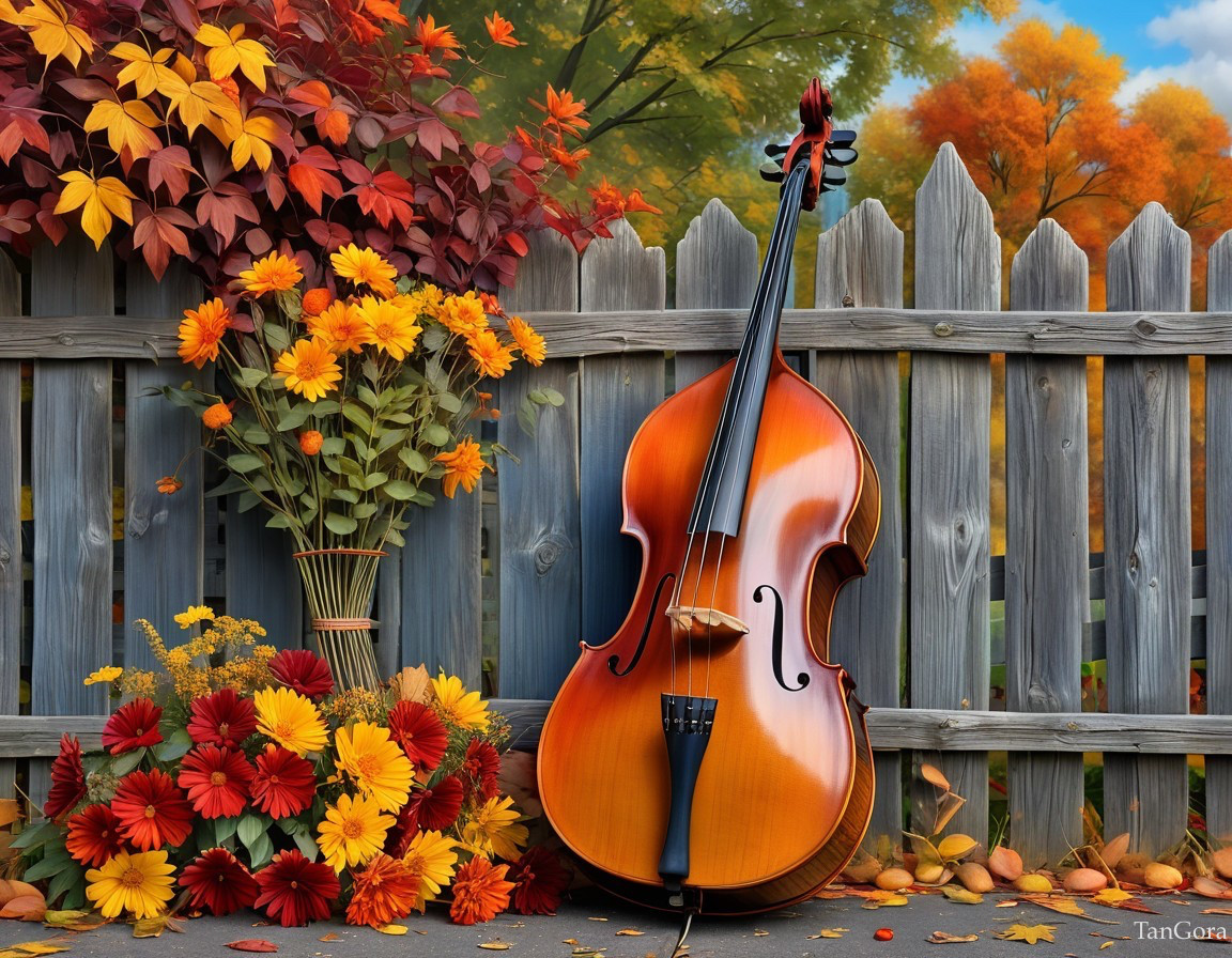 Cello by Rustic Fence in Autumn Floral Scene