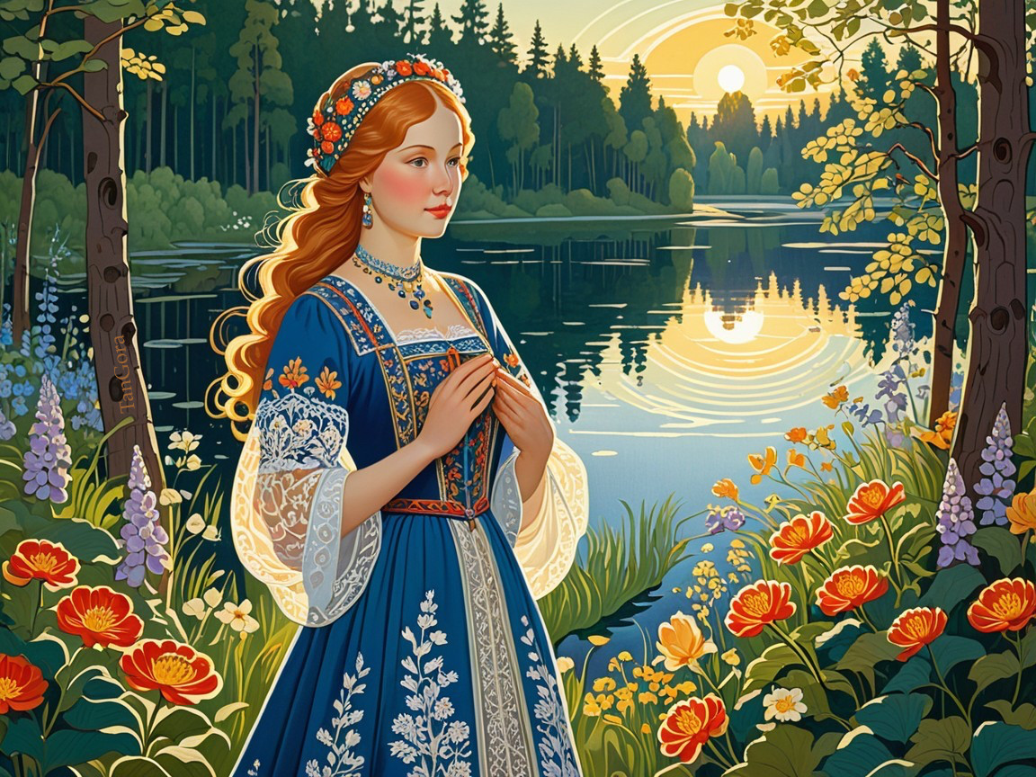 Young Woman in Blue Dress by Tranquil Lake at Sunrise