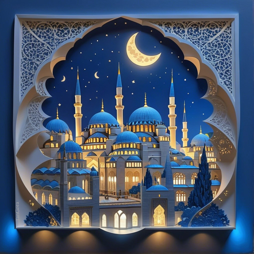 Paper Art Scene of Grand Mosque at Night