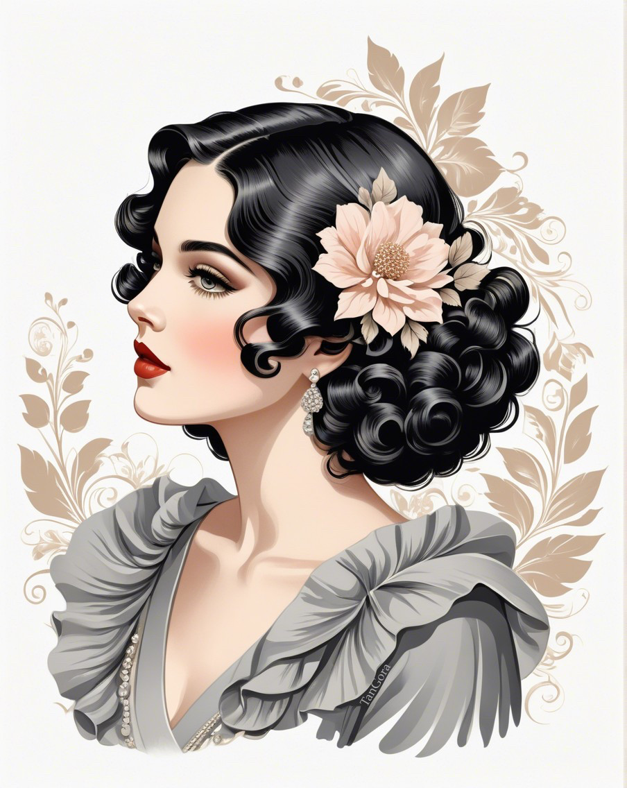 Glamorous Woman in Vintage Dress with Floral Background