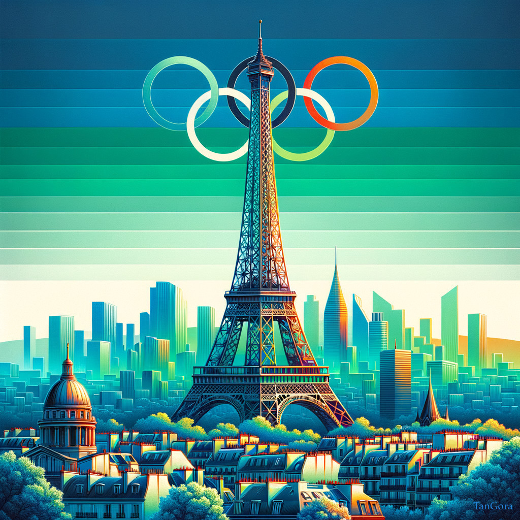 Eiffel Tower with Olympic Rings and Paris Skyline