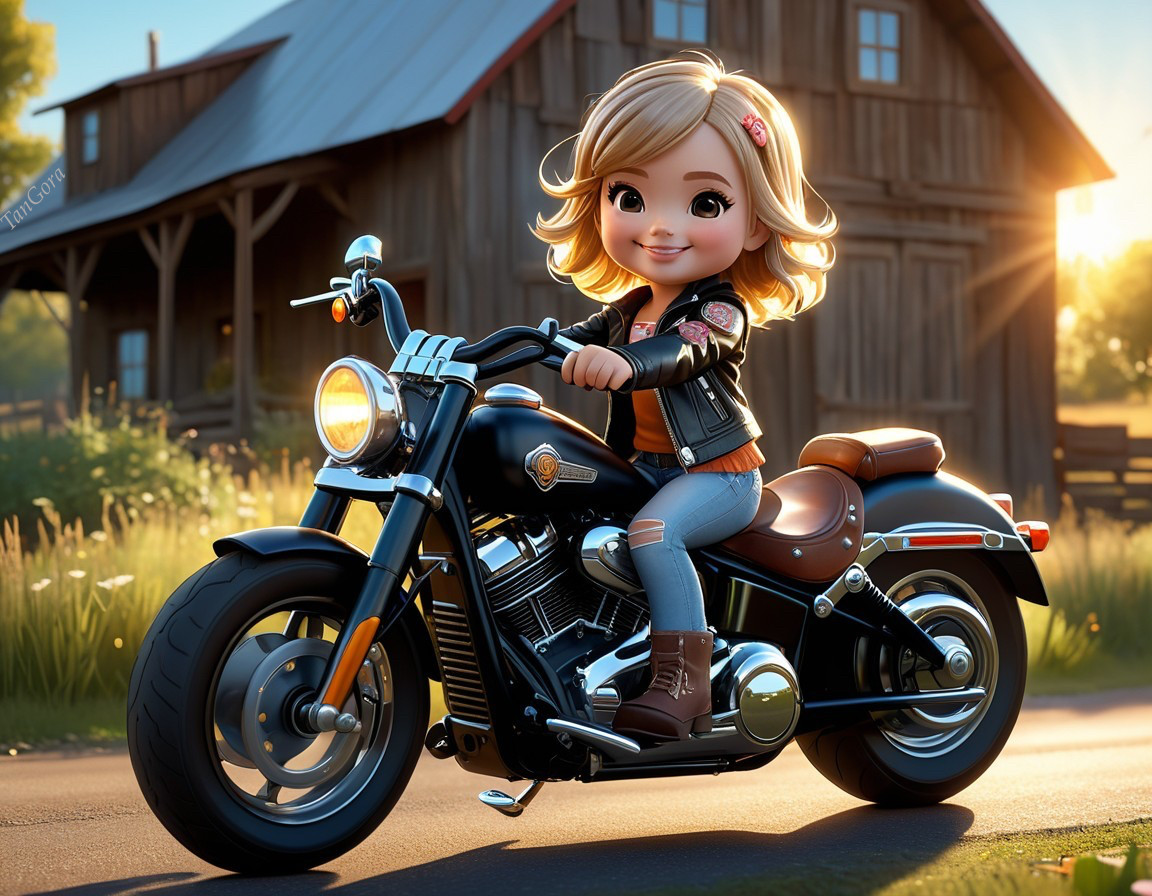 Young girl confidently rides black motorcycle at sunset