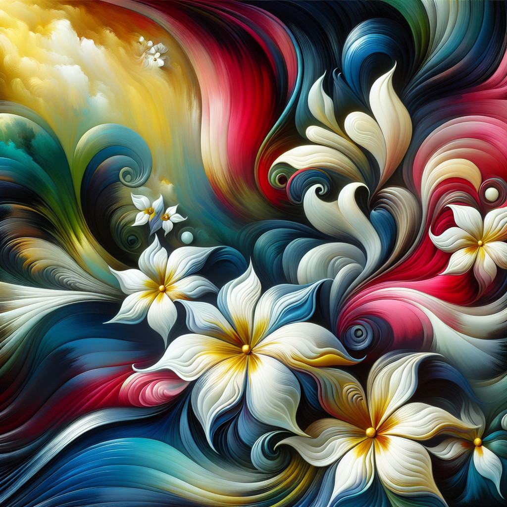 Vibrant Abstract Scene with Swirling Colors and Flowers