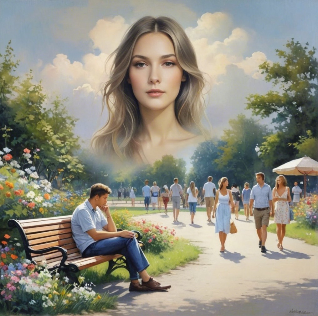 Vibrant Park Scene with Serene Young Woman and People