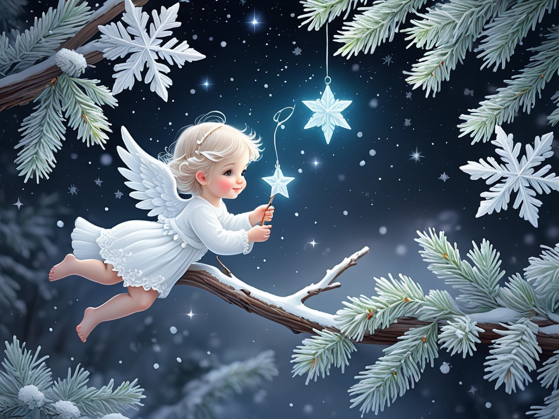 Baby cherub in white dress creating blue stars in snow