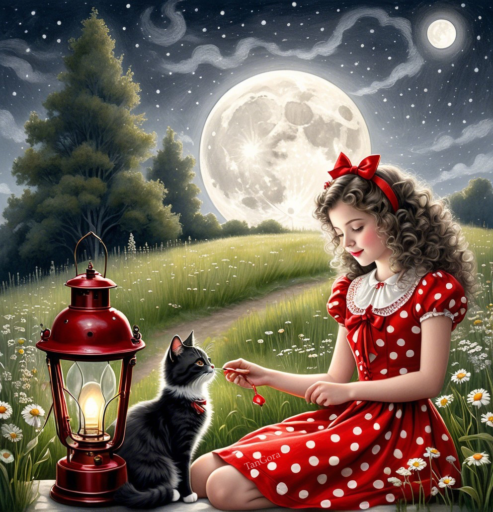 Young girl in polka dot dress with cat at night scene