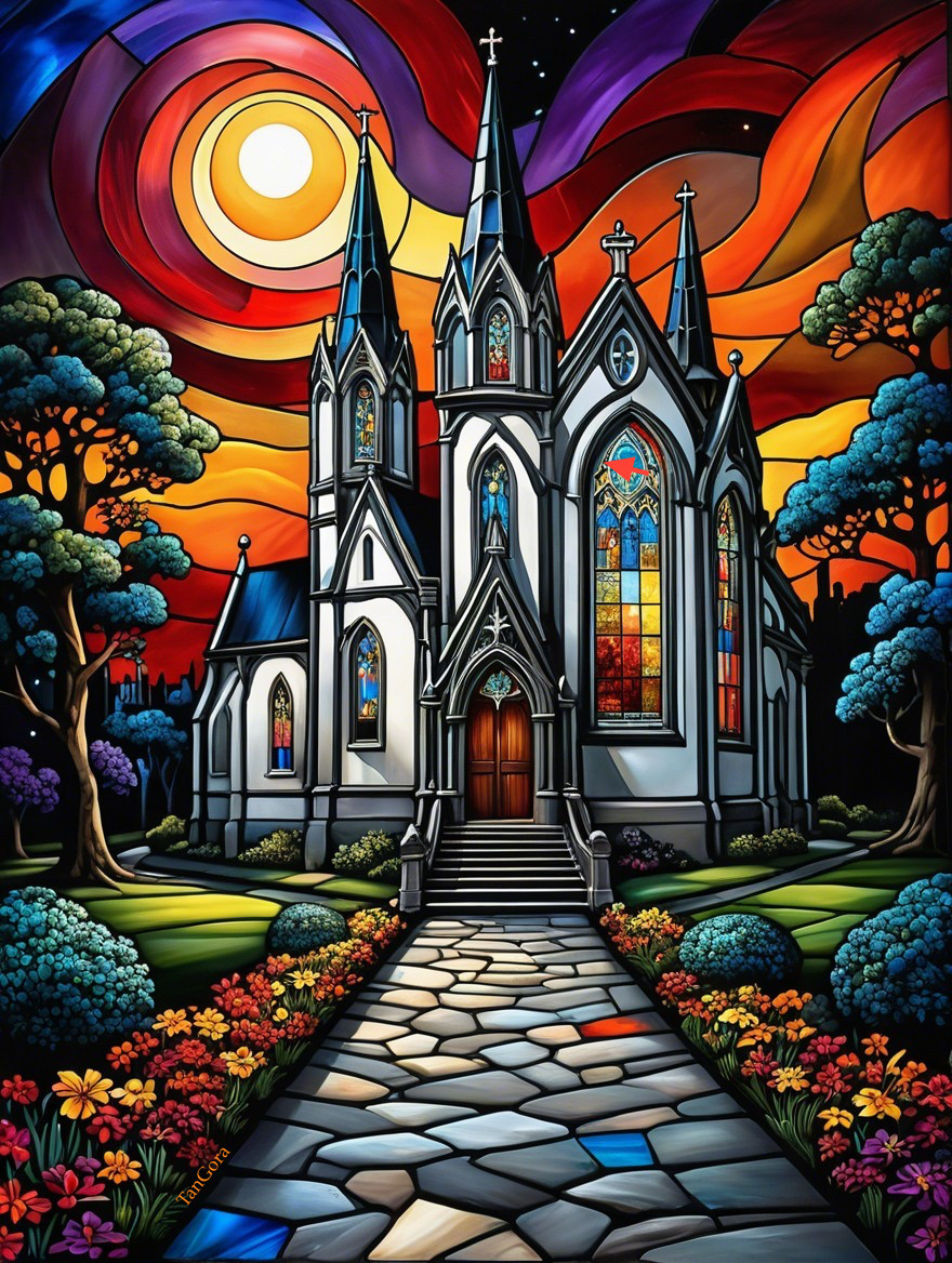 Vibrant Church with Colorful Sky and Lush Greenery