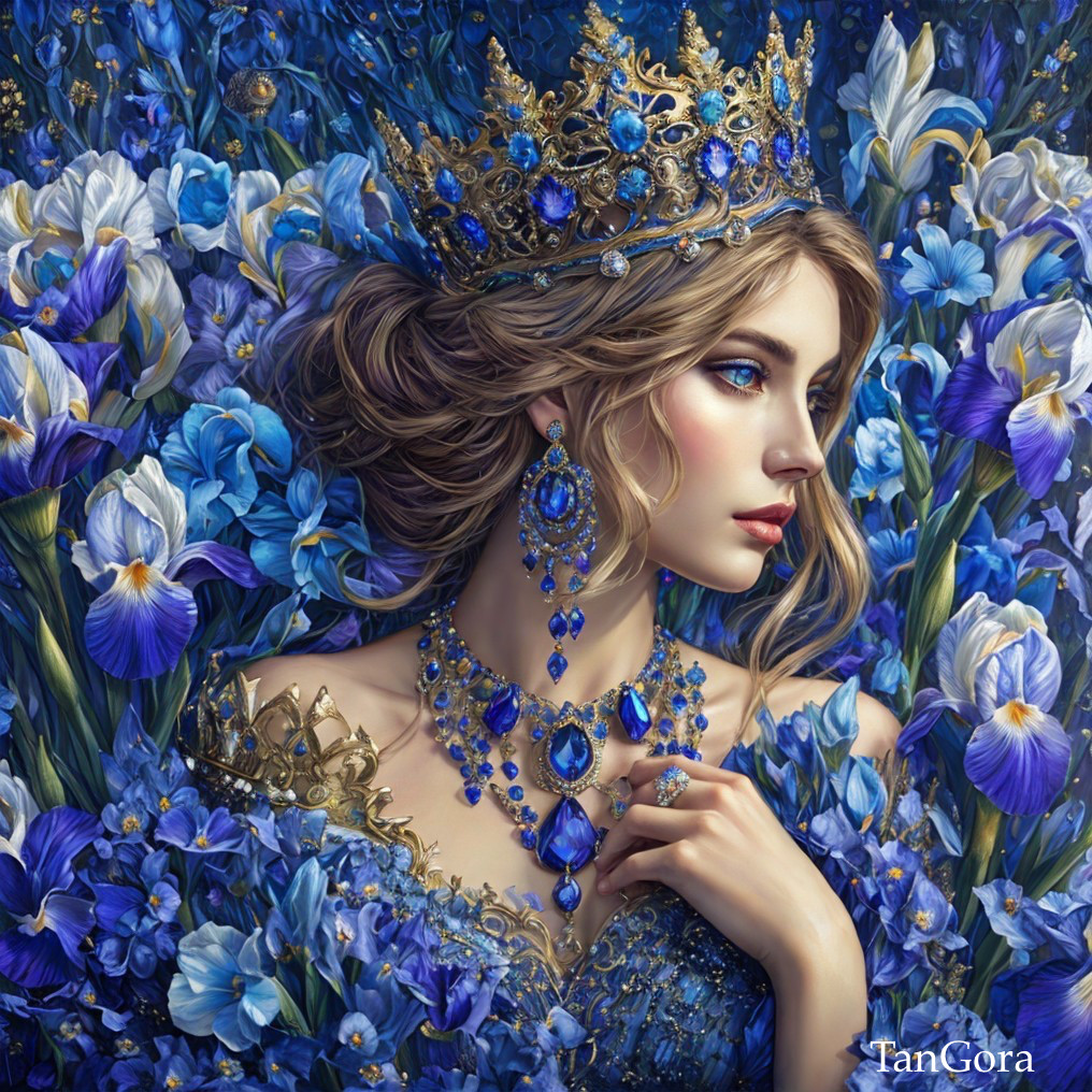 Regal woman with gold crown and blue flowers