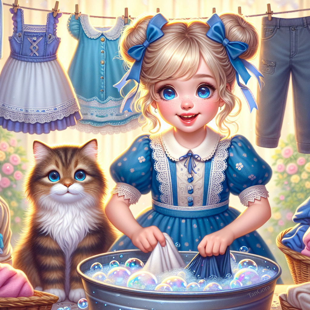 Young girl in blue dress washing clothes with cat