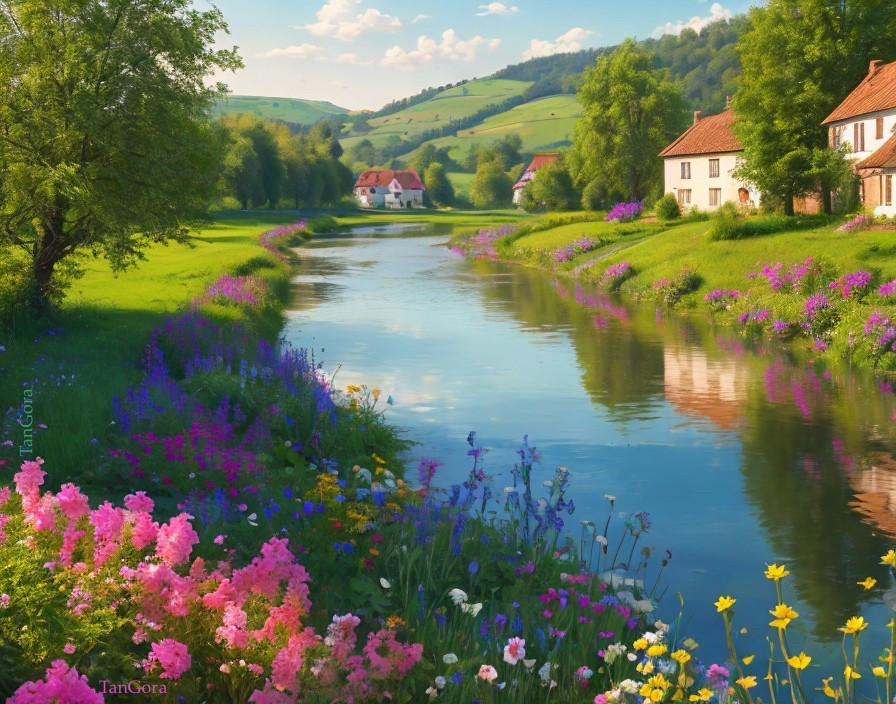 Tranquil River Landscape with Lush Green Hills
