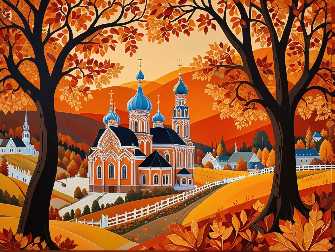 Vibrant Autumn Landscape with Colorful Church and Hills