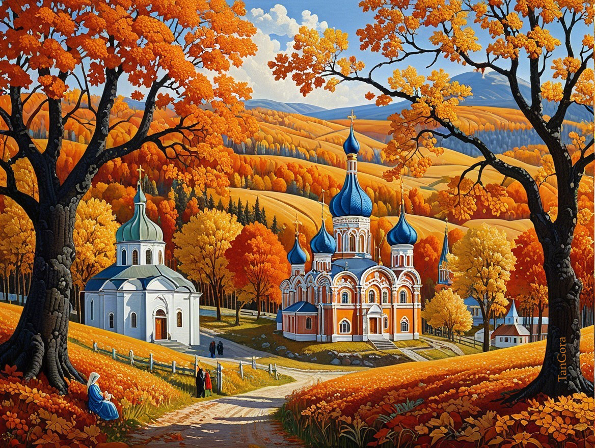 Vibrant Autumn Landscape with Two Churches and Foliage
