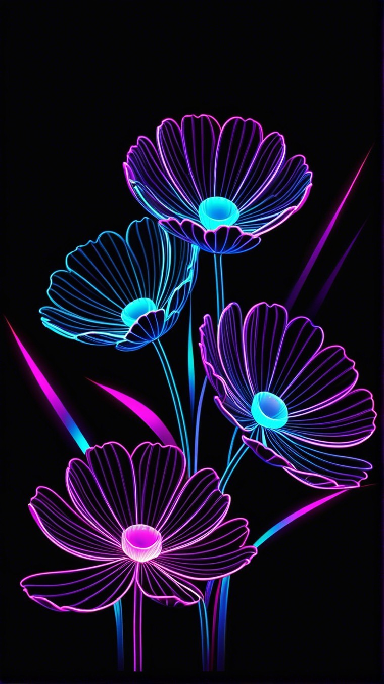 Neon Flower Outline Art on Black Background