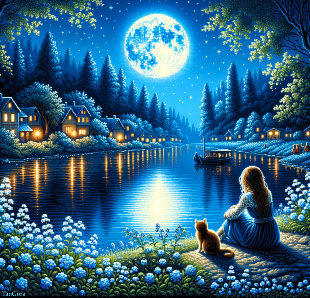 Serene Nighttime Scene with Moonlit River and Trees