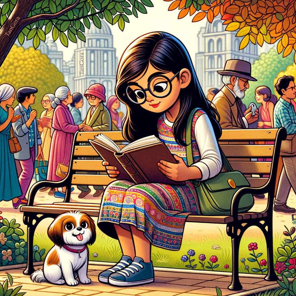 Young girl reading in a vibrant park with a dog