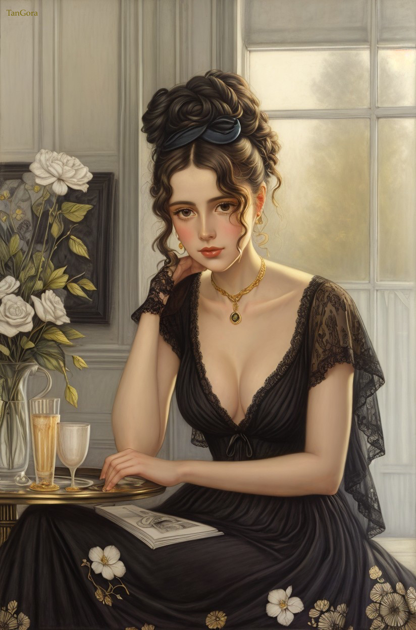 Elegantly Dressed Woman by Window with White Roses