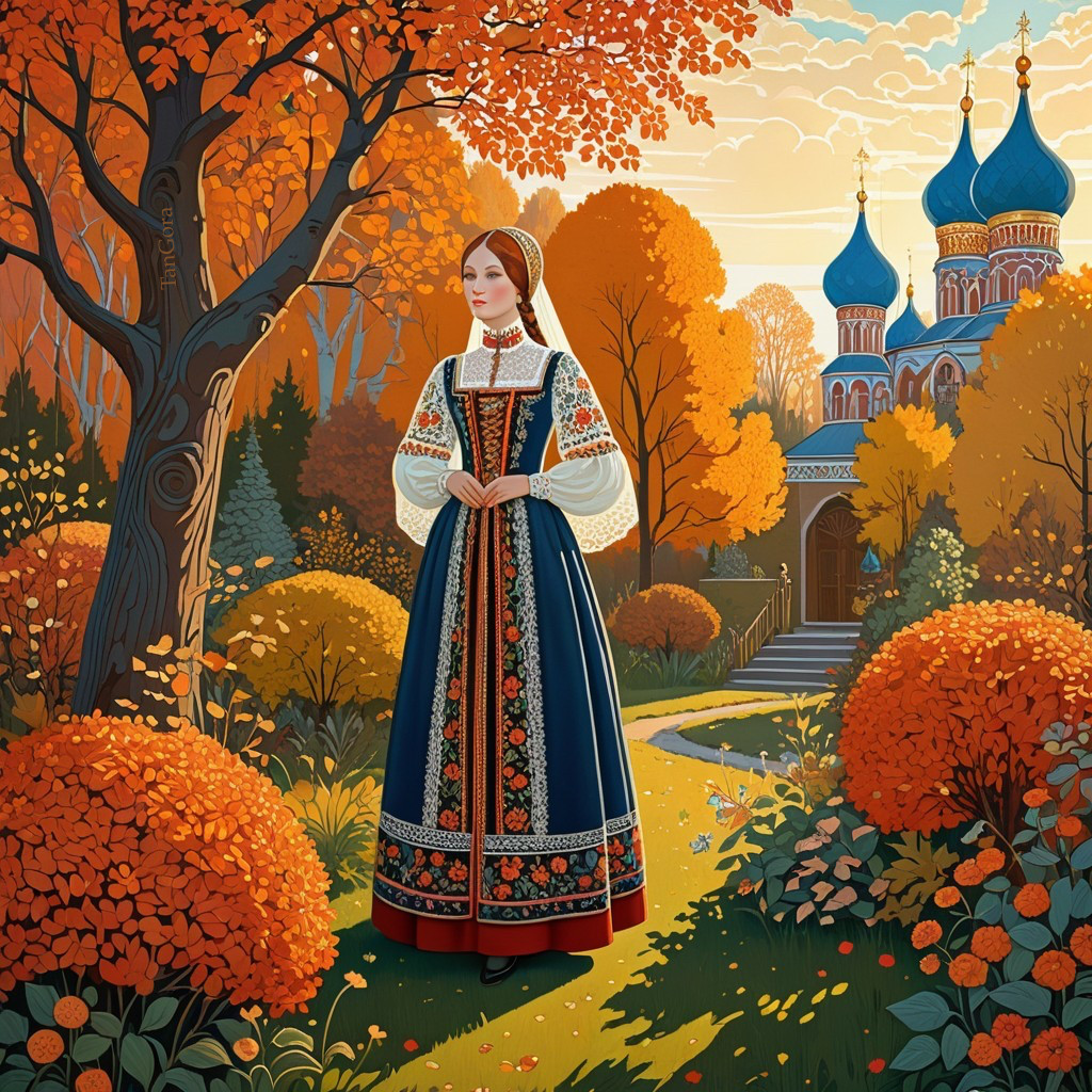 Young Woman in Traditional Dress Amid Autumn Landscape
