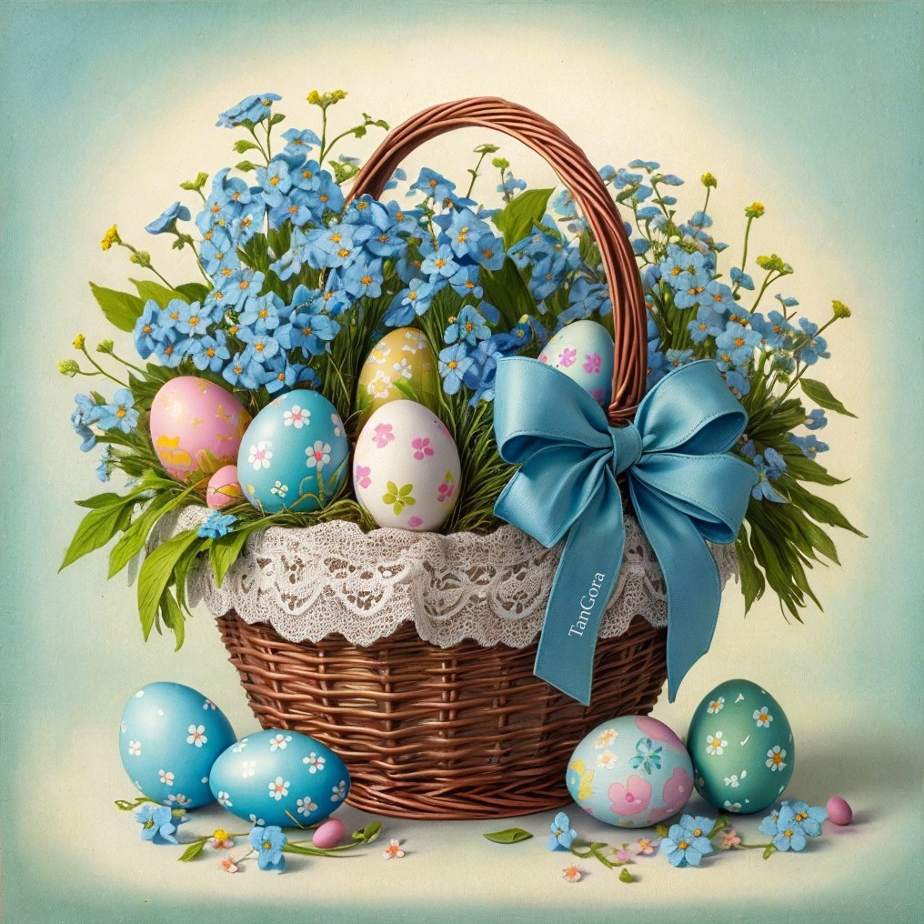 Wicker Basket with Blue Flowers and Decorated Eggs
