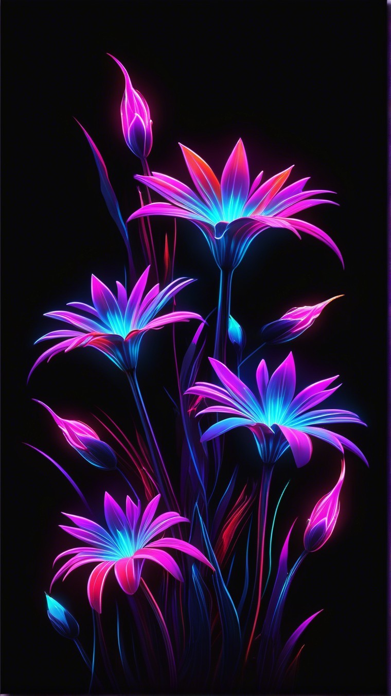 Glowing Flowers in Pink and Blue Against Dark Background