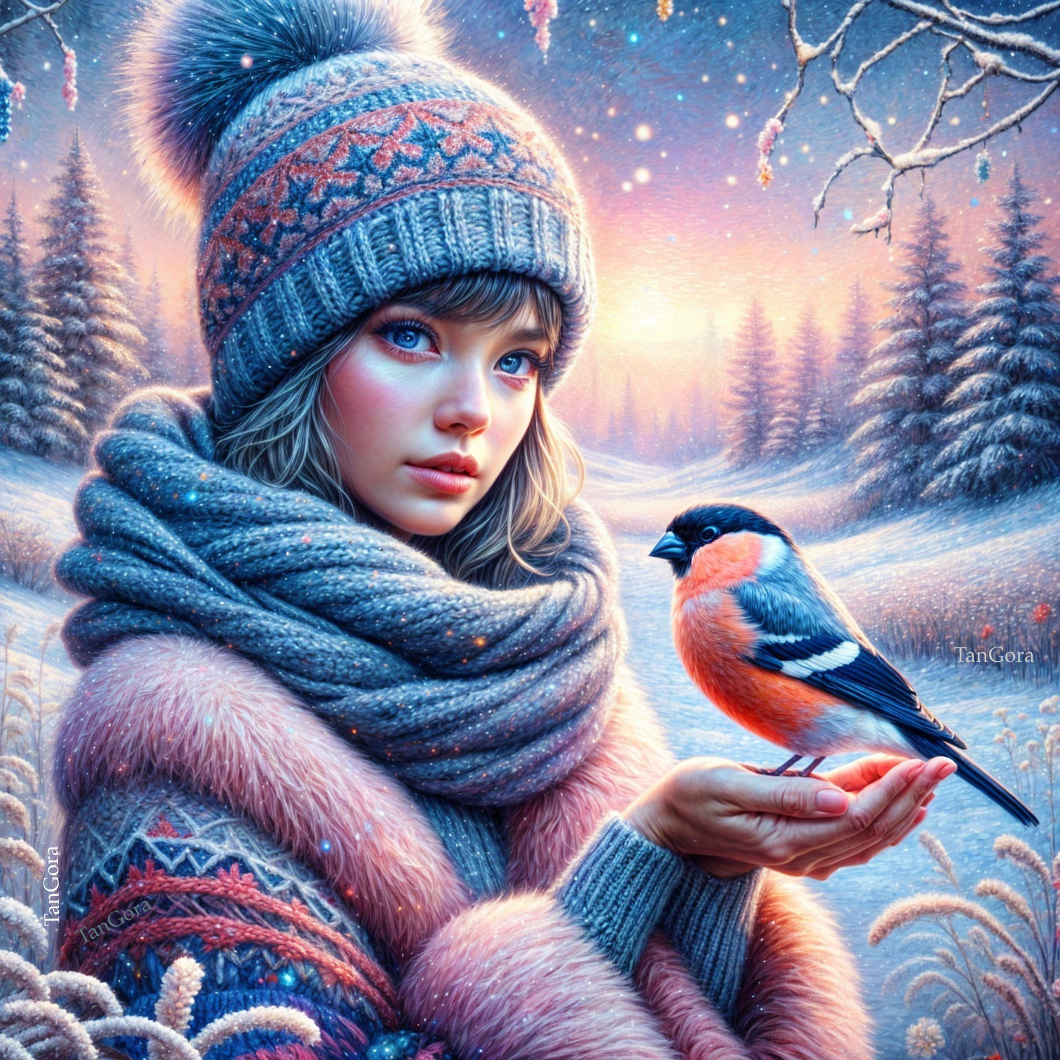 Winter Landscape with Woman and Bullfinch in Hand