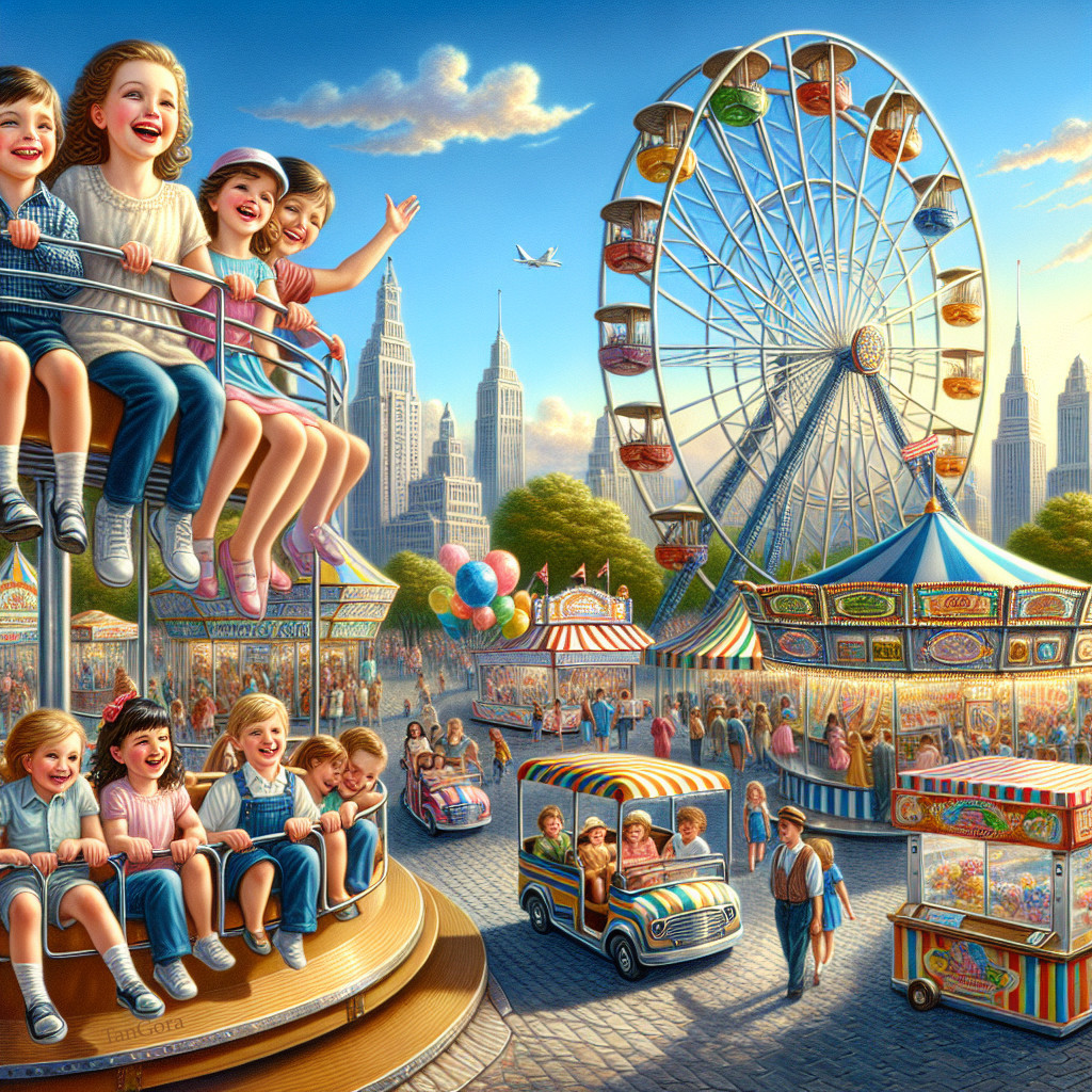 Amusement Park Scene with Rides and Colorful Stalls