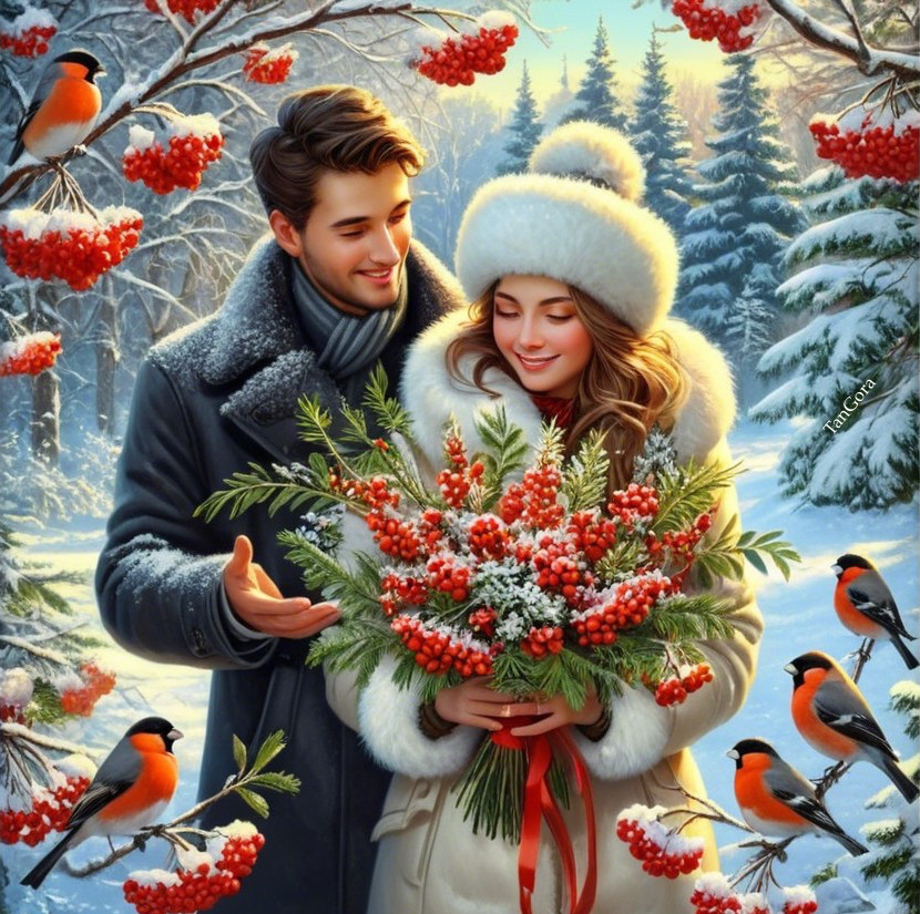 Romantic Winter Scene with Couple and Snowy Landscape
