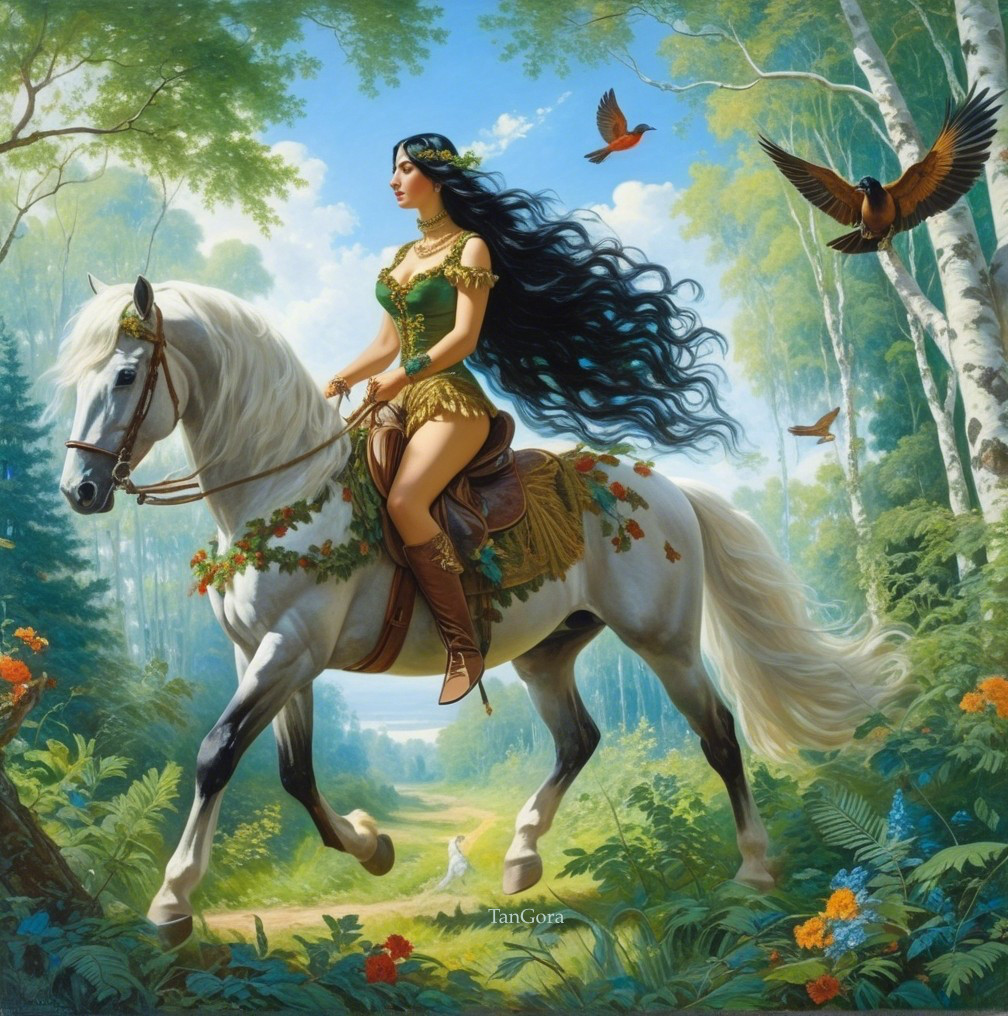 Woman on White Horse in Vibrant Forest Setting
