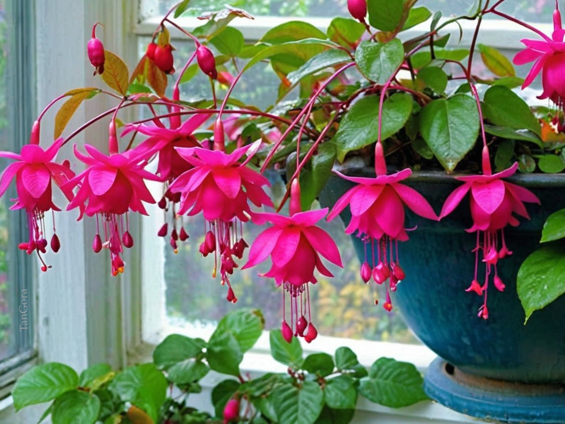 Fuchsia Flowers in Blue Pot with Sunlit Backdrop