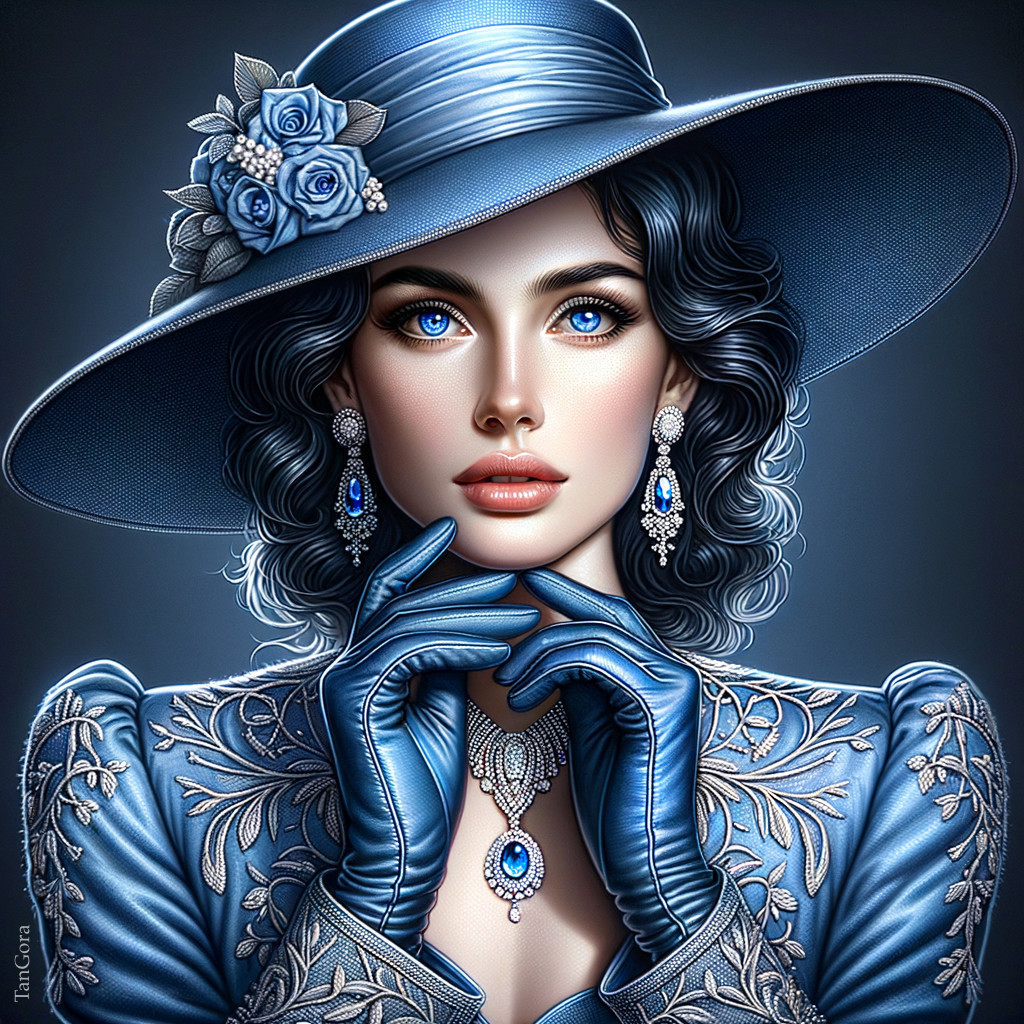 Elegantly Dressed Woman in Blue with Wide-Brimmed Hat