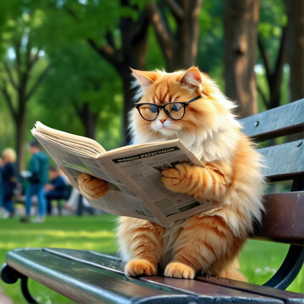 Fluffy Orange Cat with Glasses Reading Newspaper in Park