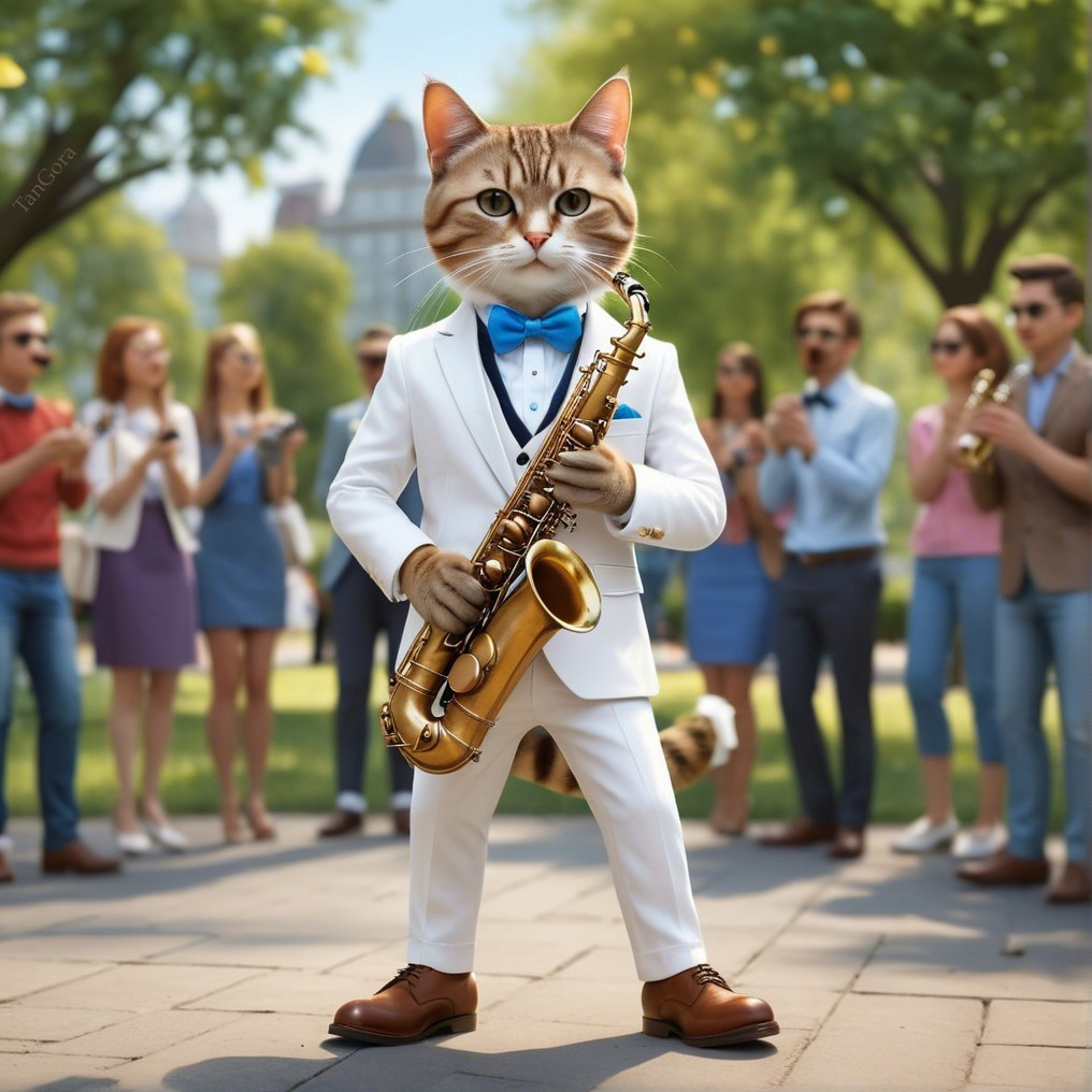 Whimsical Park Scene with Cat Playing Saxophone
