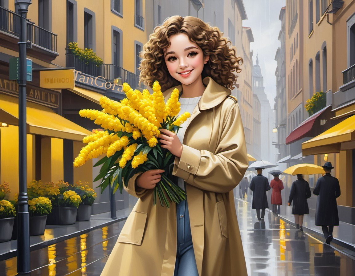 Young Woman with Flowers in Charming Urban Setting