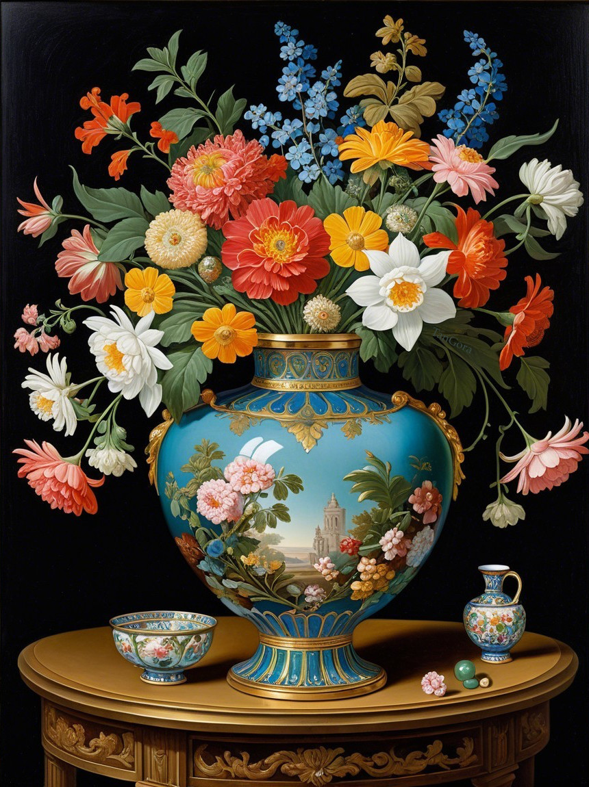 Vibrant Still Life with Ornate Vase and Colorful Flowers